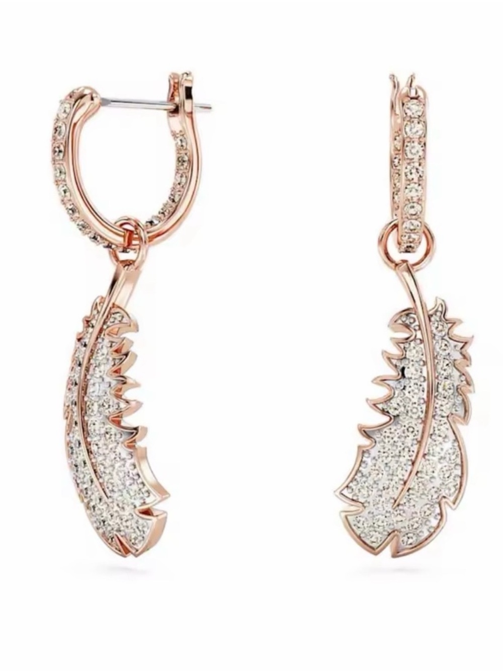 Sparkling Rose Gold Feather Drop Earrings - Women Jewelry